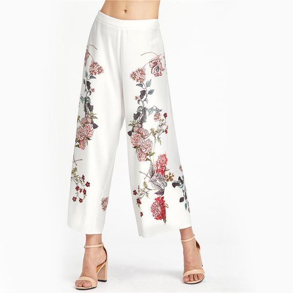 Botanical Print Zip Side Wide Leg Pants