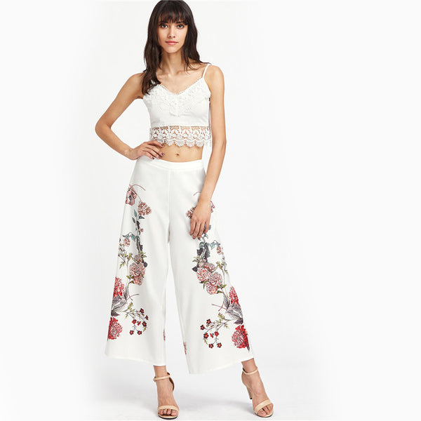 Botanical Print Zip Side Wide Leg Pants