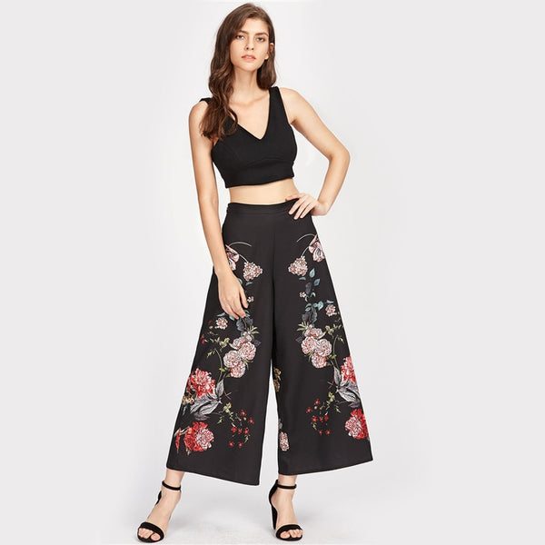 Botanical Print Zip Side Wide Leg Pants