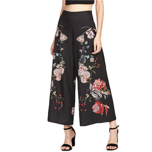 Botanical Print Zip Side Wide Leg Pants
