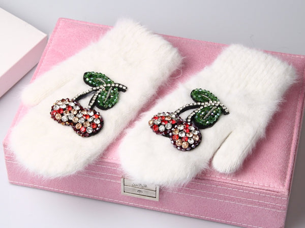 Crystal Cherry Decoration Rabbit Fur Winter Glove