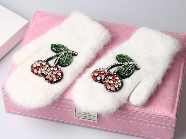 Crystal Cherry Decoration Rabbit Fur Winter Glove