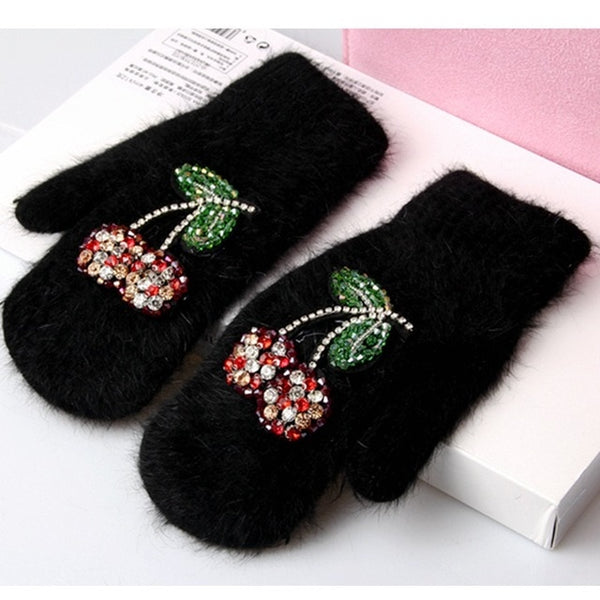 Crystal Cherry Decoration Rabbit Fur Winter Glove
