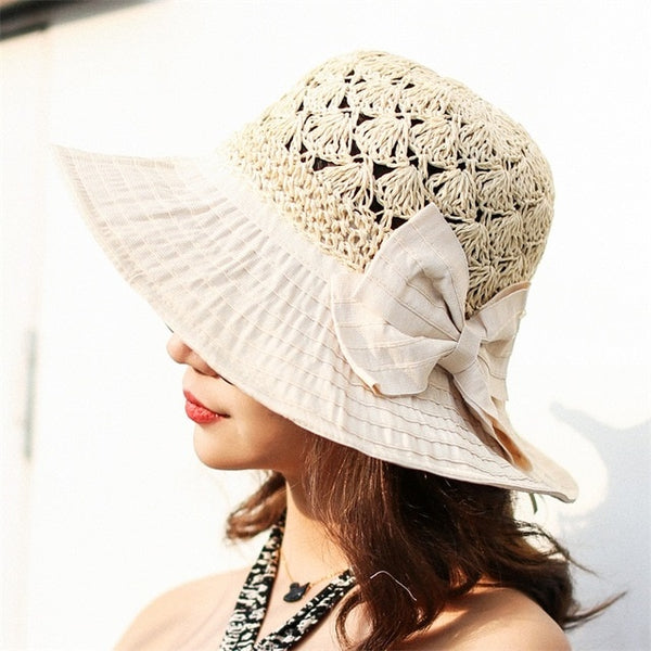 Straw Patch Bow Wide Brim Caps