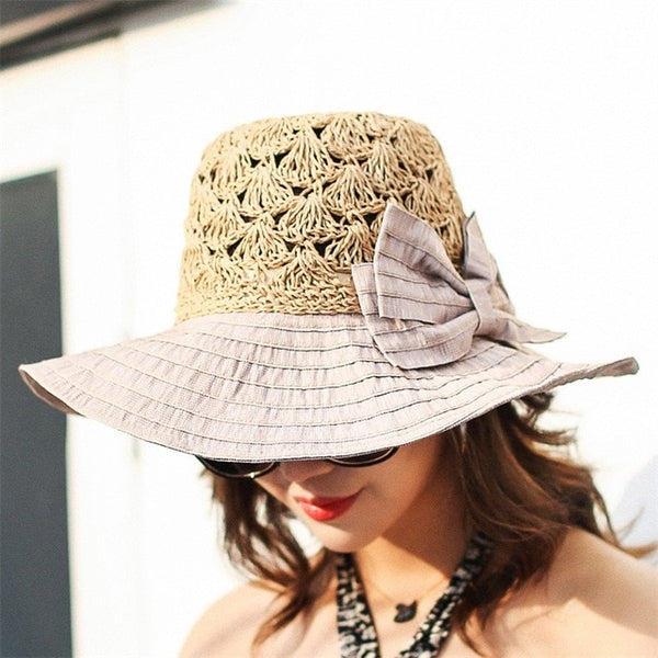 Straw Patch Bow Wide Brim Caps