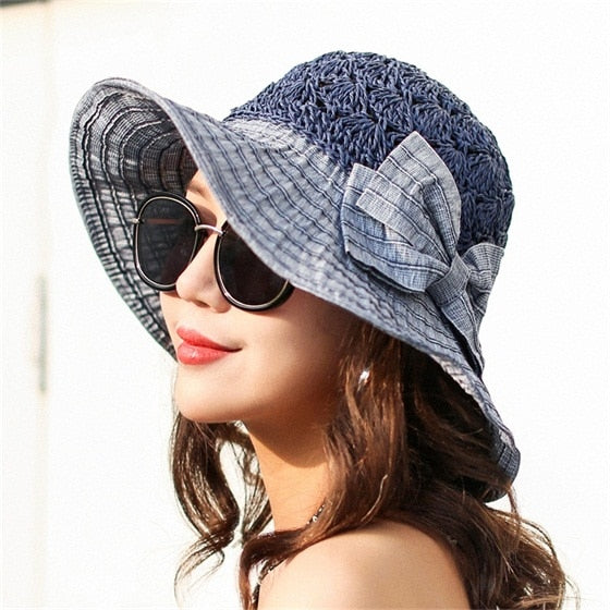 Straw Patch Bow Wide Brim Caps