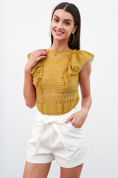 Sleeveless Ruffle Lace O Neck Blouse