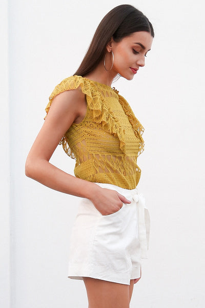 Sleeveless Ruffle Lace O Neck Blouse