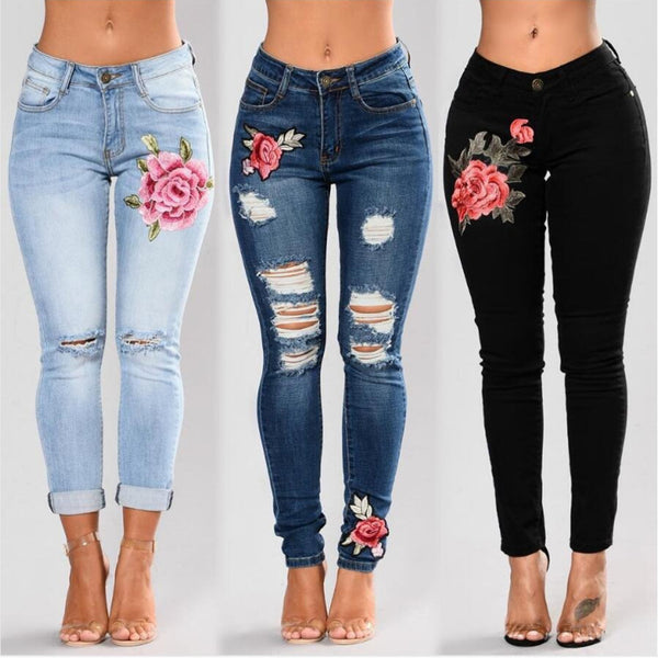 Stretch High Waist Embroidery Jeans