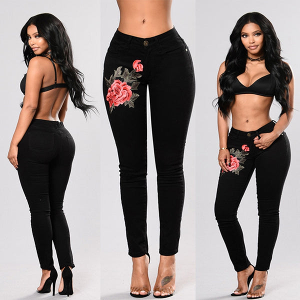 Stretch High Waist Embroidery Jeans