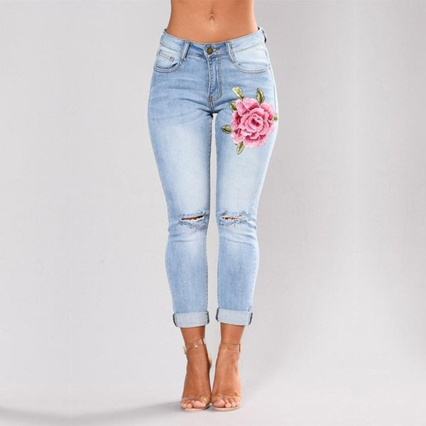 Stretch High Waist Embroidery Jeans