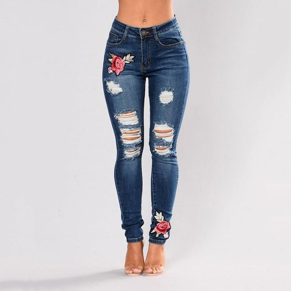 Stretch High Waist Embroidery Jeans