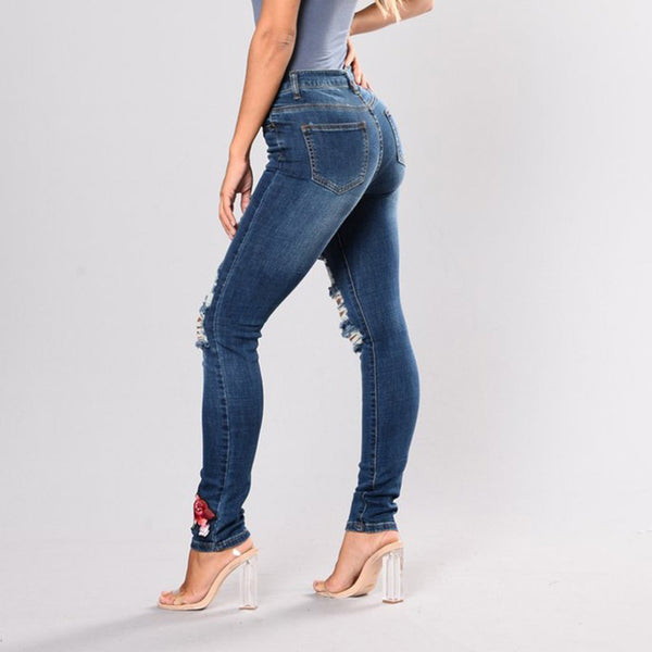 Stretch High Waist Embroidery Jeans