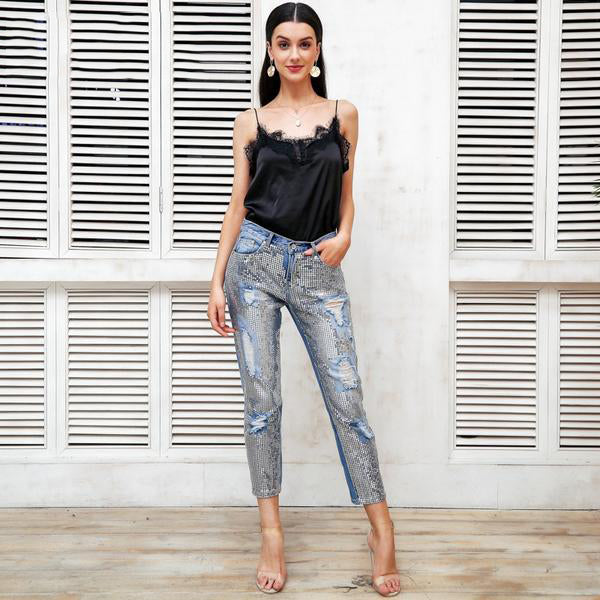 Sequin Hole Blue Jeans