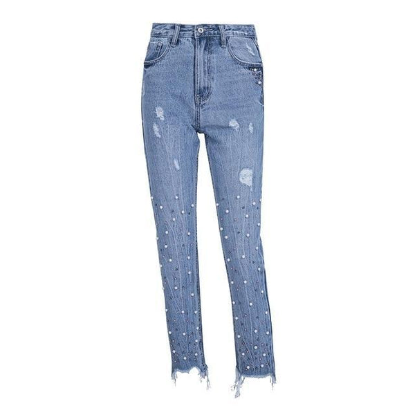 Pearl Tassels Blue High Waist Jeans