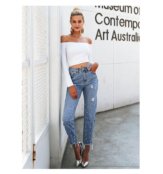 Pearl Tassels Blue High Waist Jeans