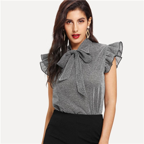 Gray Tied Neck Ruffle Sleeve Blouses