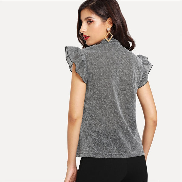 Gray Tied Neck Ruffle Sleeve Blouses