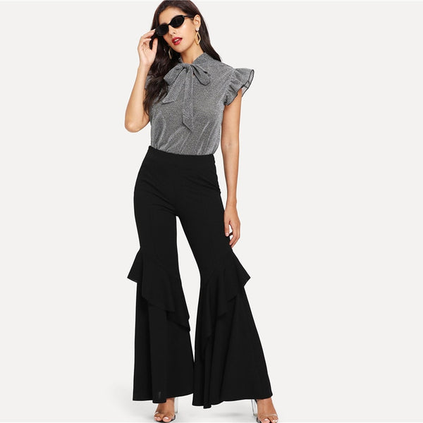 Gray Tied Neck Ruffle Sleeve Blouses