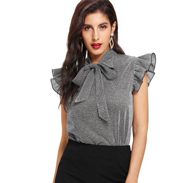 Gray Tied Neck Ruffle Sleeve Blouses
