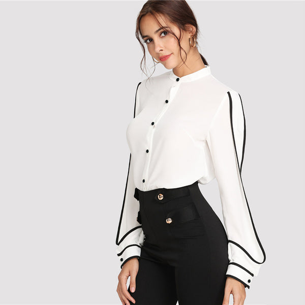 Stand Collar Black Striped Blouse