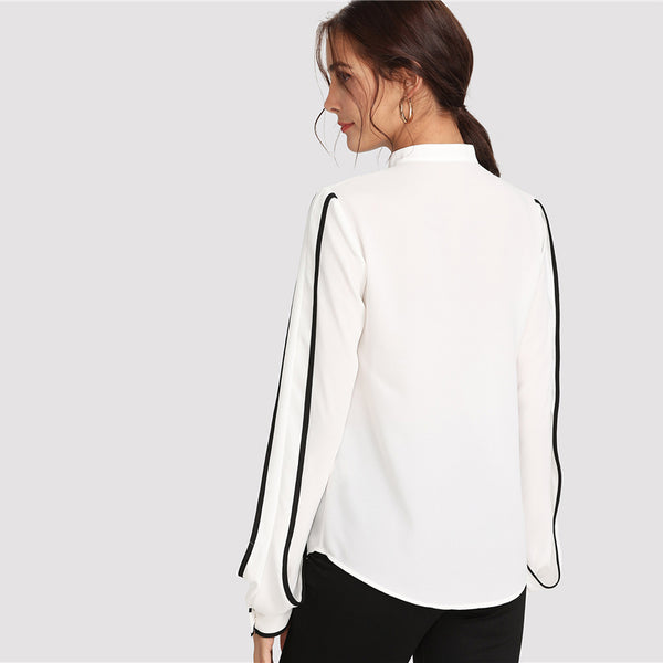 Stand Collar Black Striped Blouse