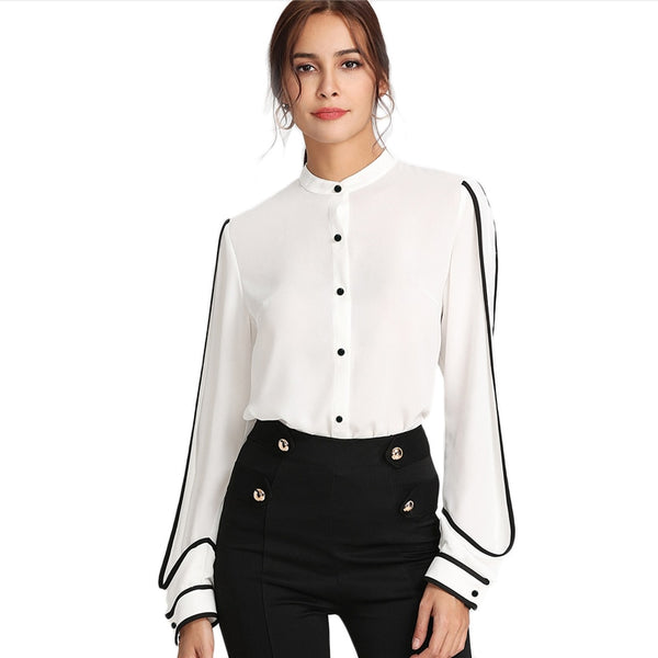 Stand Collar Black Striped Blouse