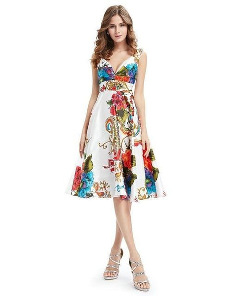 Double V-neck Floral Print Satin Dress