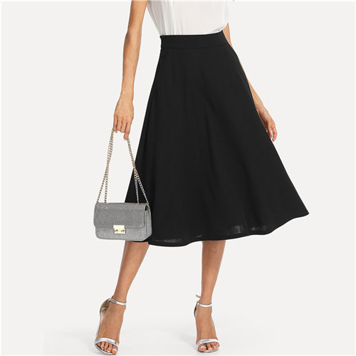 Black Elegant Slant Side Pocket Mid Waist Skirt