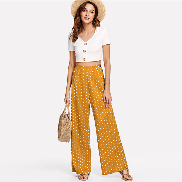 Ginger Polka Dot Side Button Wide Leg Pants