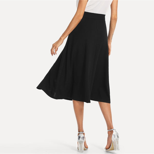 Black Elegant Slant Side Pocket Mid Waist Skirt