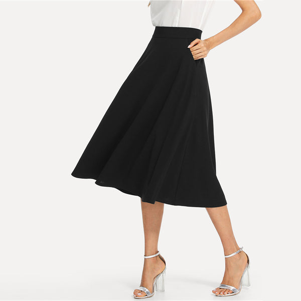 Black Elegant Slant Side Pocket Mid Waist Skirt