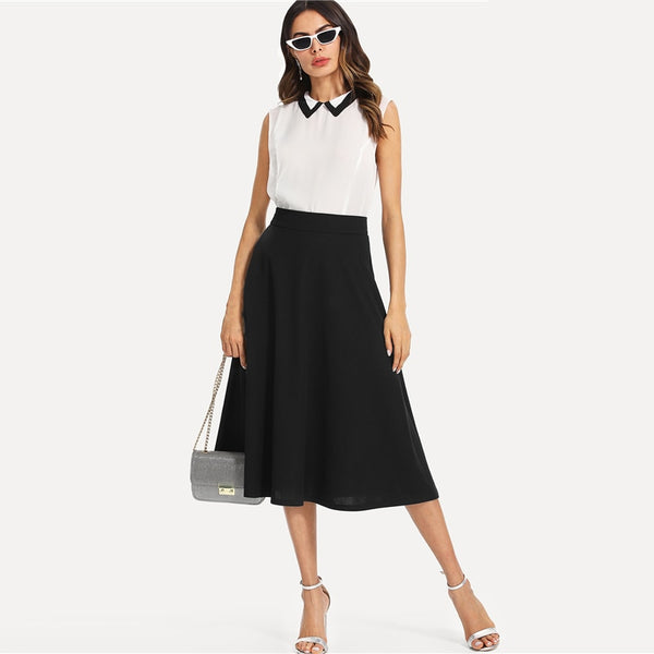 Black Elegant Slant Side Pocket Mid Waist Skirt
