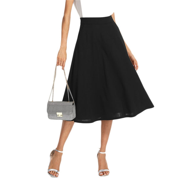 Black Elegant Slant Side Pocket Mid Waist Skirt