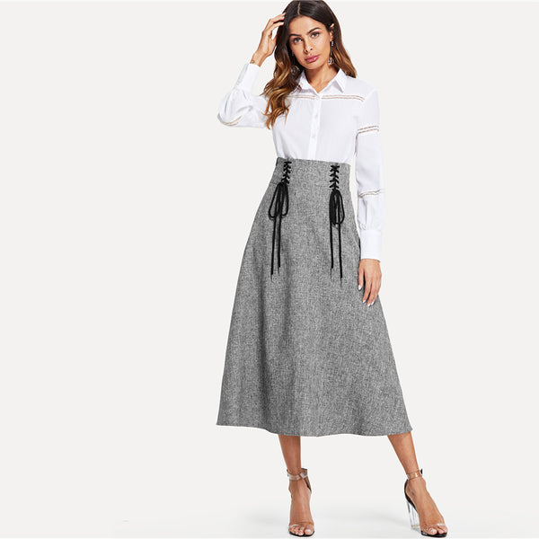 Lace Up Front High Waist Elegant Skirt
