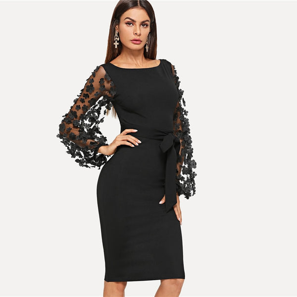 Flower Applique Mesh Belted Dress