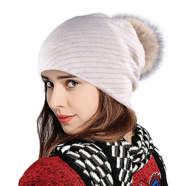 Double Deck Beanies With Fur Ball