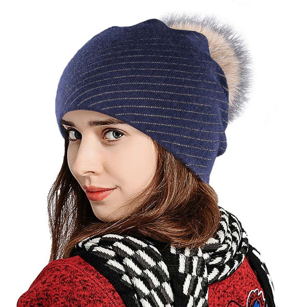 Double Deck Beanies With Fur Ball