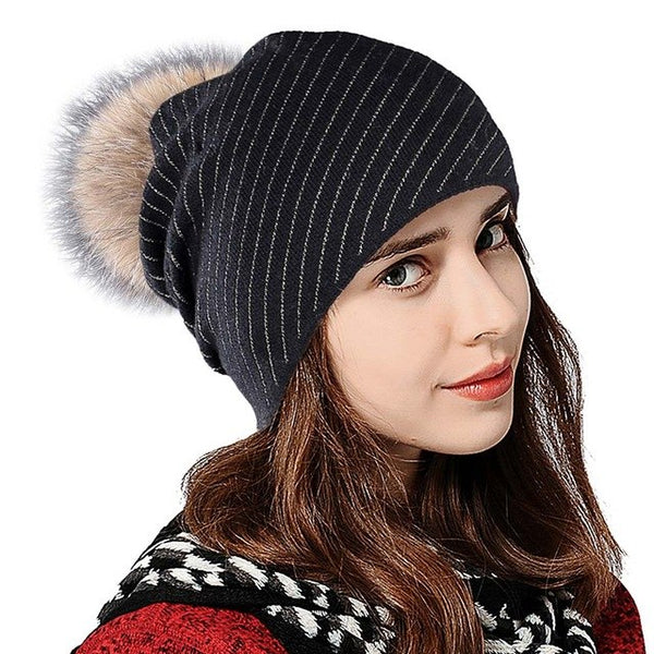 Double Deck Beanies With Fur Ball